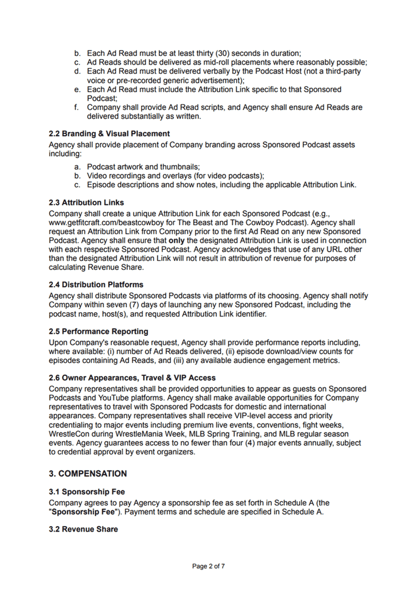 Page 2 of the Media Sponsorship Agreement listing ad read duration and host delivery requirements, branding placement, attribution links, performance reporting, and guaranteed VIP event access.