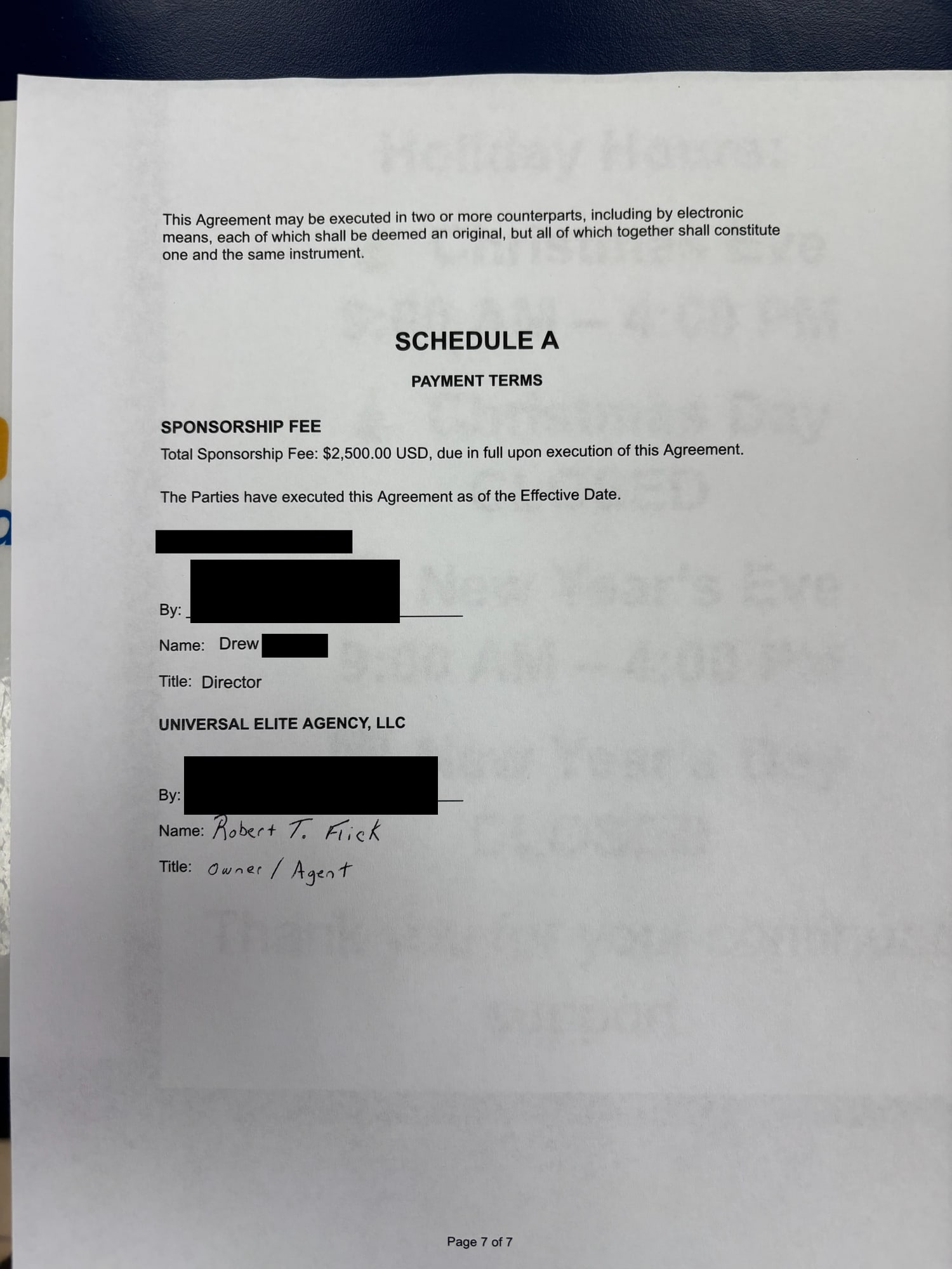 Schedule A and signature page of the agreement showing the 2,500 dollar sponsorship fee and the countersignature of Robert T. Flick as Owner and Agent of Universal Elite Agency LLC.