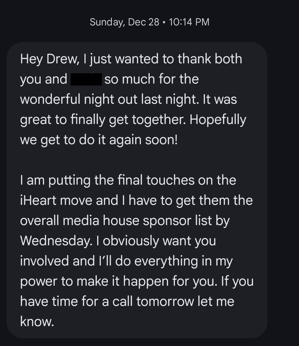 Text message from December 28 describing an iHeart deal and a media house sponsor list.