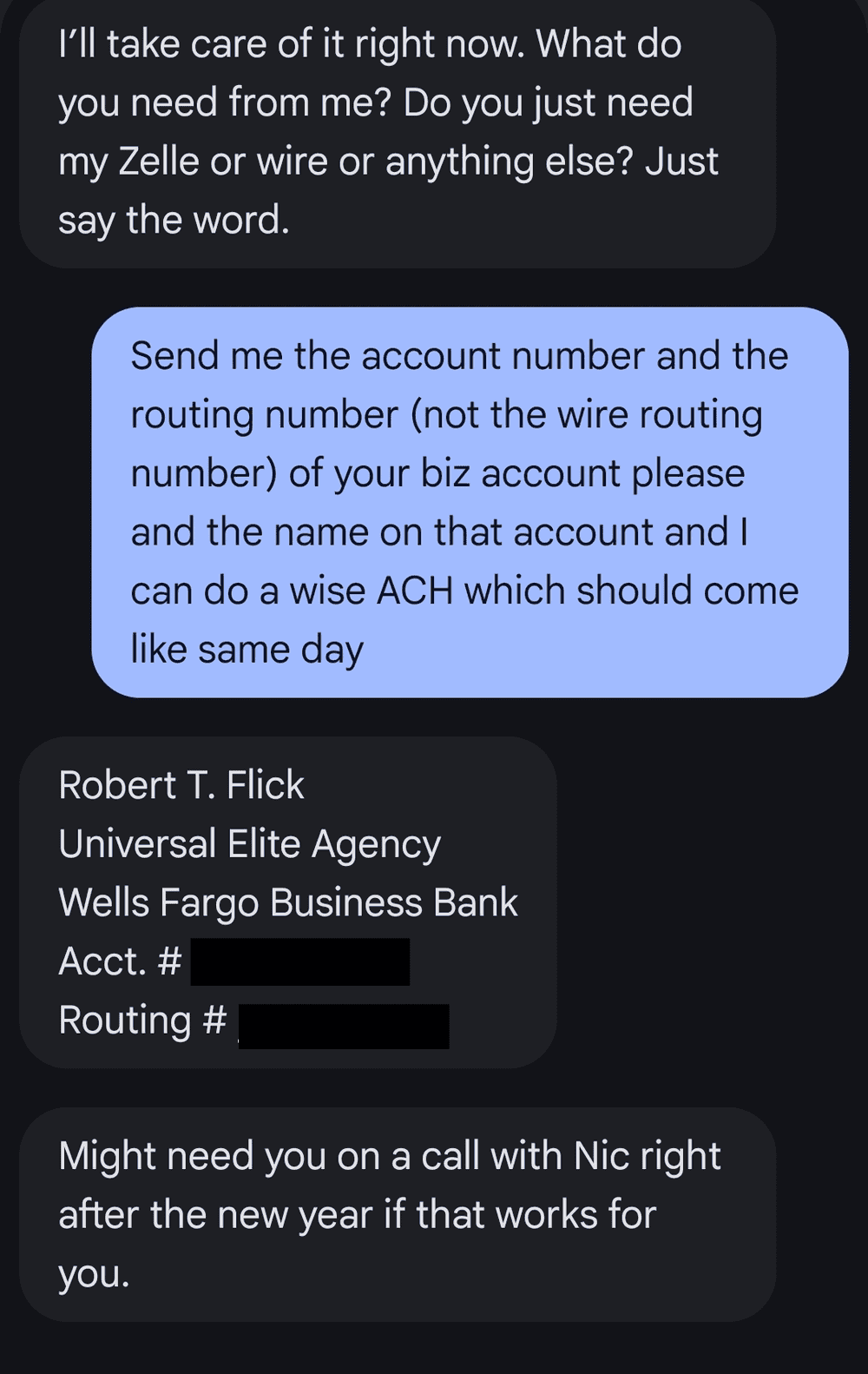 Text message exchange in which the agency owner sends bank account details for Universal Elite Agency at Wells Fargo.